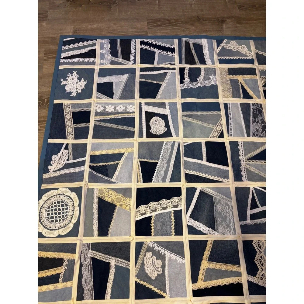 Handmade Denim Patchwork Crazy Quilt Lace Doily Applique Boho Throw 63x54